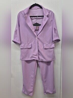 🌼5/$20 Women Lavender Lilac Purple Two-Piece Set Pants Blazer Embroided Sleeves